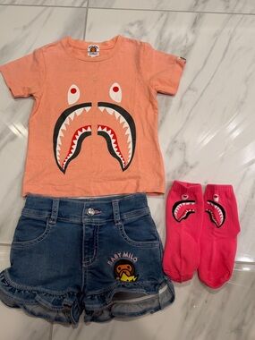 BAPE Shark Tee & Denim Shorts Set wiBAPE Shark Tee & Denim Shorts Set with Socks